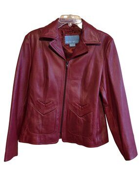 Nine West Womens Burgundy Leather Zip-Up Jacket  vintage